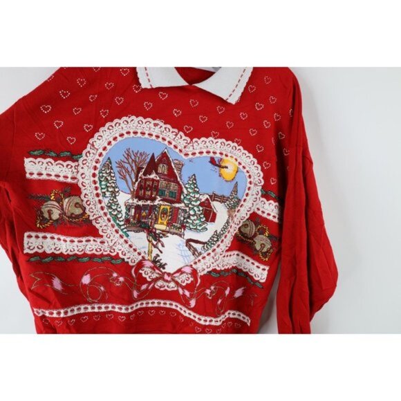 Vintage 90s Streetwear Womens Large Farmhouse Christmas Collared Sweatshirt USA - Picture 6 of 9